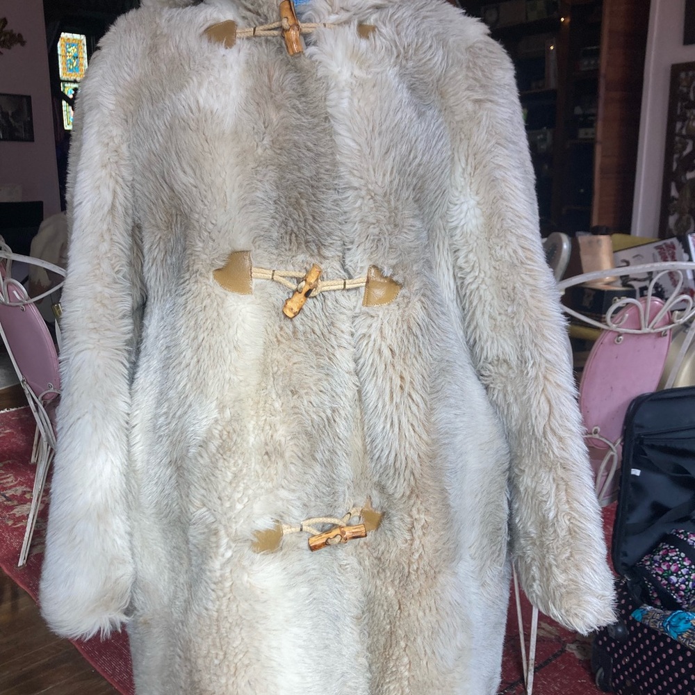 Faux fur cream winter coat with hood